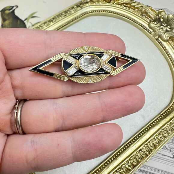 Vintage Jewelry Art Deco Black and Gold Tone Rhinestone Modern Brooch - Picture 10 of 14